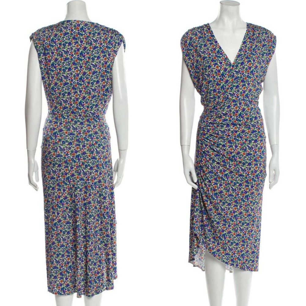 Atlein Size 34 US 2 Floral Print Jersey Dress Midi Ruched Slit Leg V Neck - Picture 5 of 11